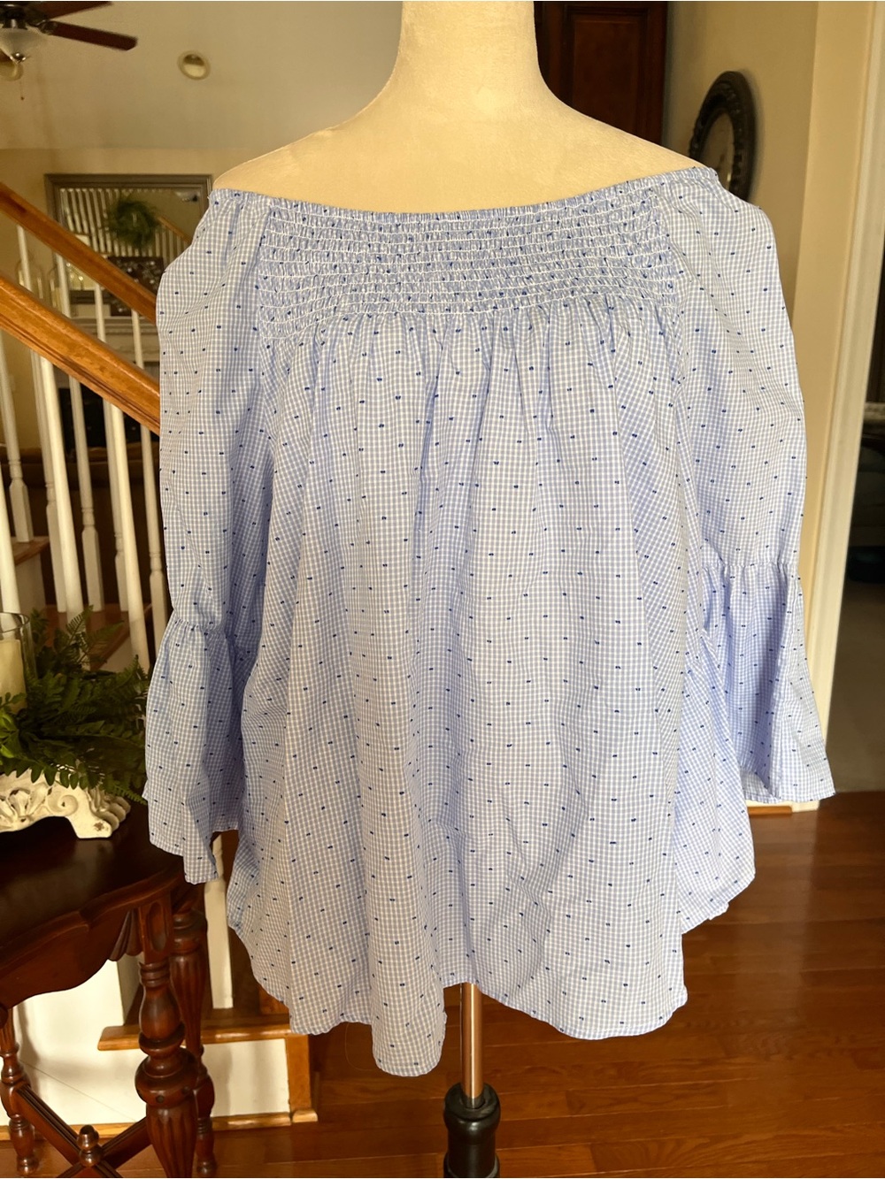 Melissa Paige Light Blue Smocked Dot Peasant Top